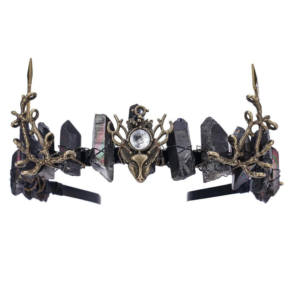Fairy Black Crystal Crown Metal Tiara Woodland Elf Flower Headband for Cosplay